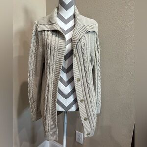 L.L. BEAN Khaki Cable Button Down Cardigan with Pockets, EUC!